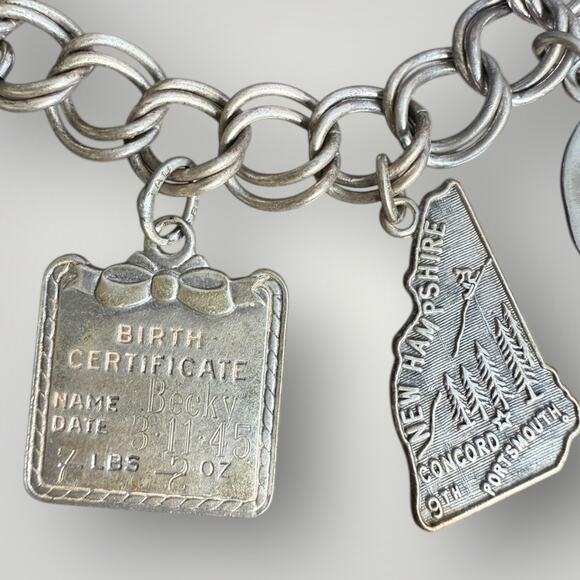 Vintage Sterling Silver Charm Bracelet  sz 7 Personalized Silhouette Charms 13pc - Picture 2 of 12